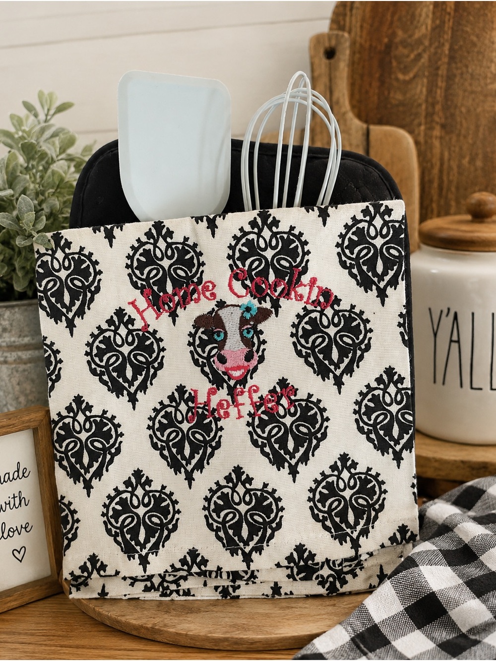 Home Cooking Heffer hand towel with Cow Design - Black & White Gift Set